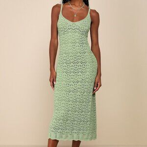 Lulus Sunset Vibes Green Crochet Sleeveless Midi Dress - Size S
